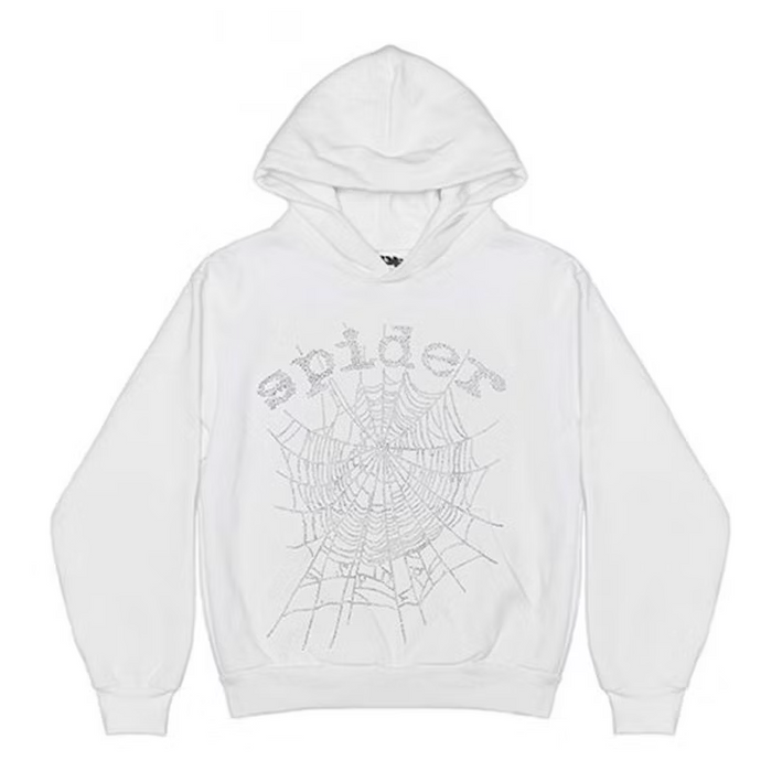 Sp5der OG Rhinestone Logo Hoodie White